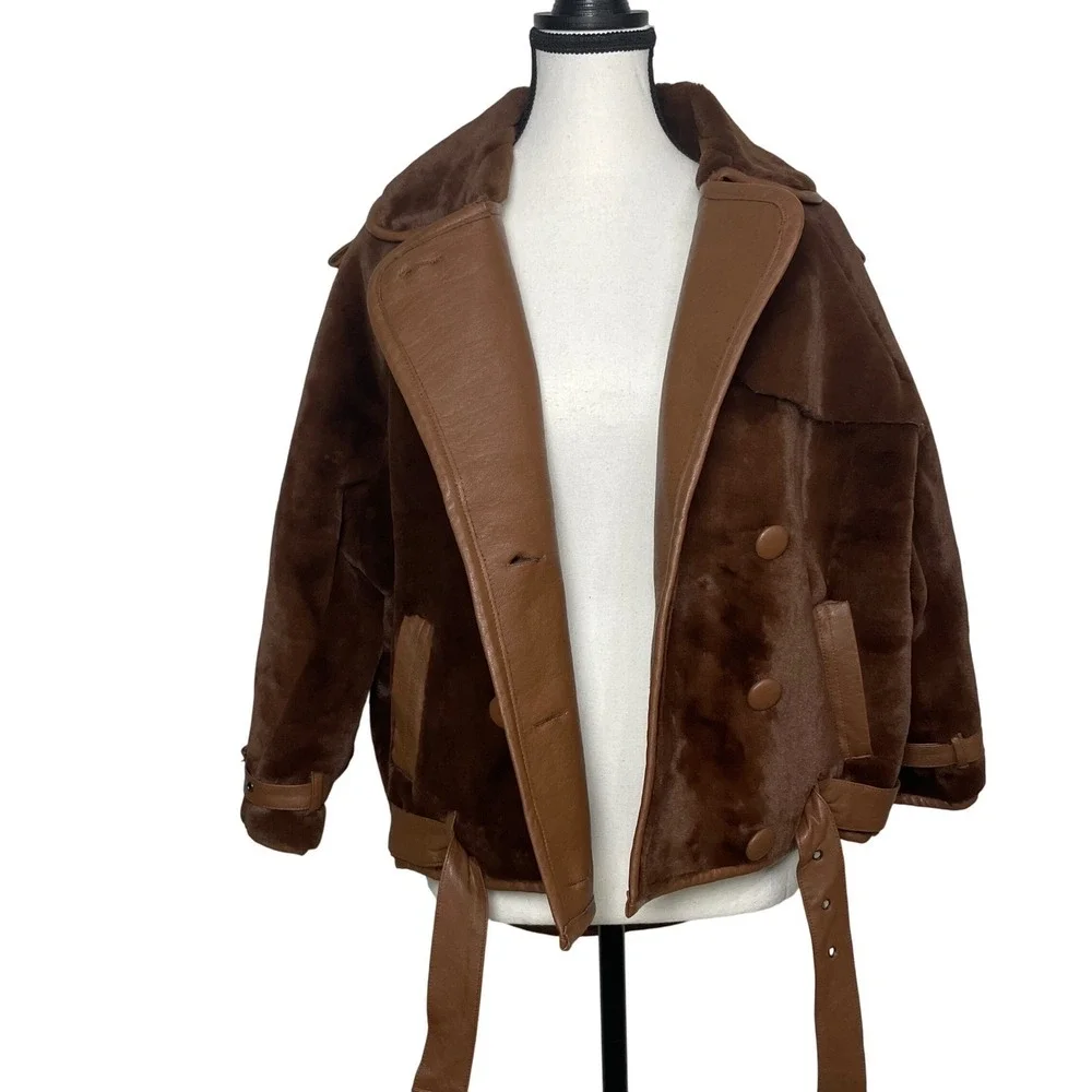 Nasty Gal Motorcycle Jacket 6 Chocolate‎ Brown Teddy Oversized Cropped Faux Fur